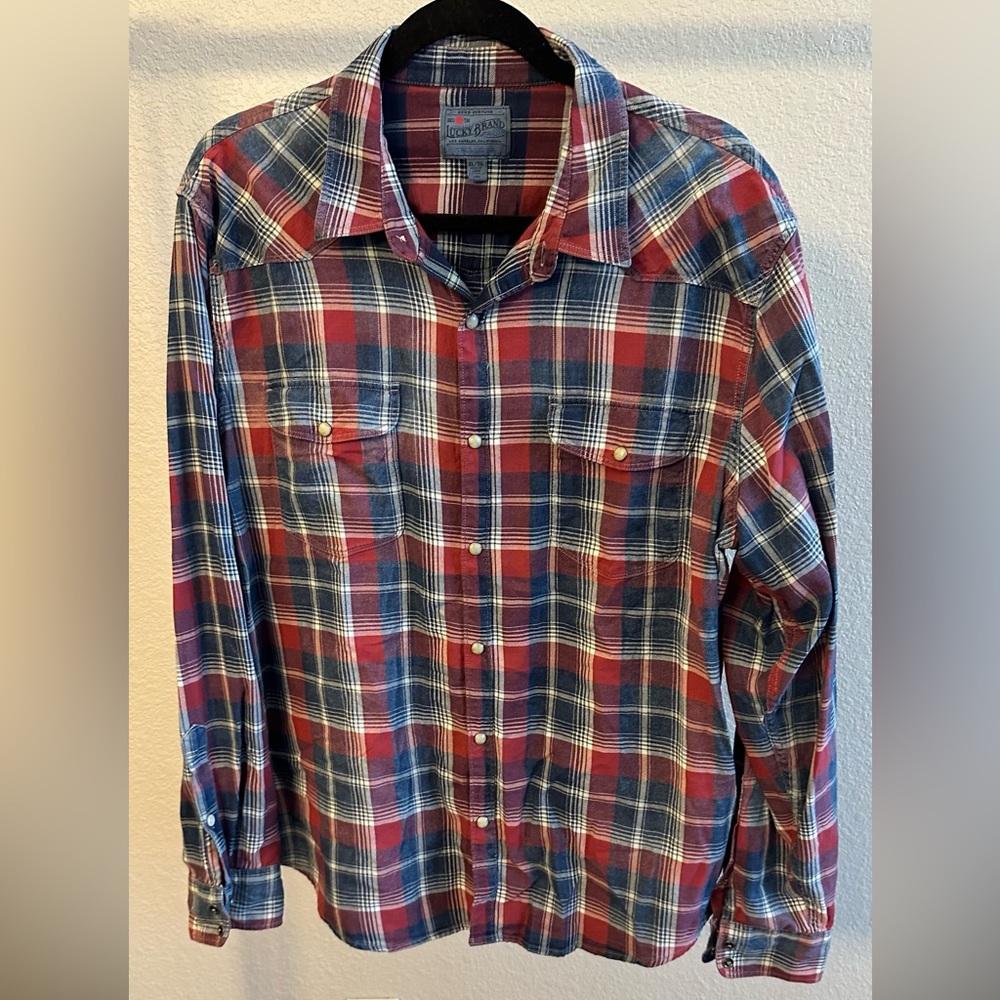 Lucky Brand plaid cotton shirt snap front. XL